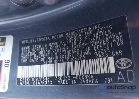 2015 Toyota Corolla Le из США, поврежденный, VIN 2T1BURHE0FC365262